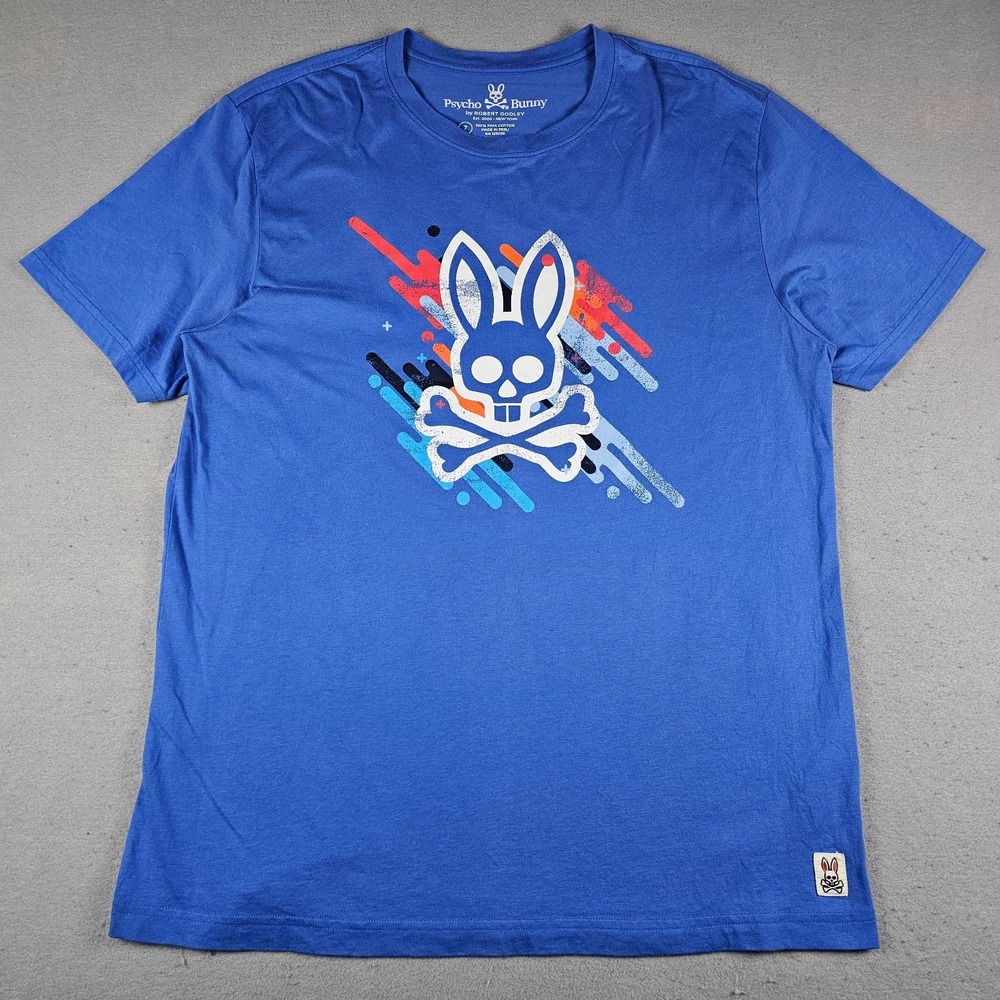 Psycho Bunny T-Shirt Mens 7 Blue Short Sleeve Graphic Tee Big Logo Pima Cotton